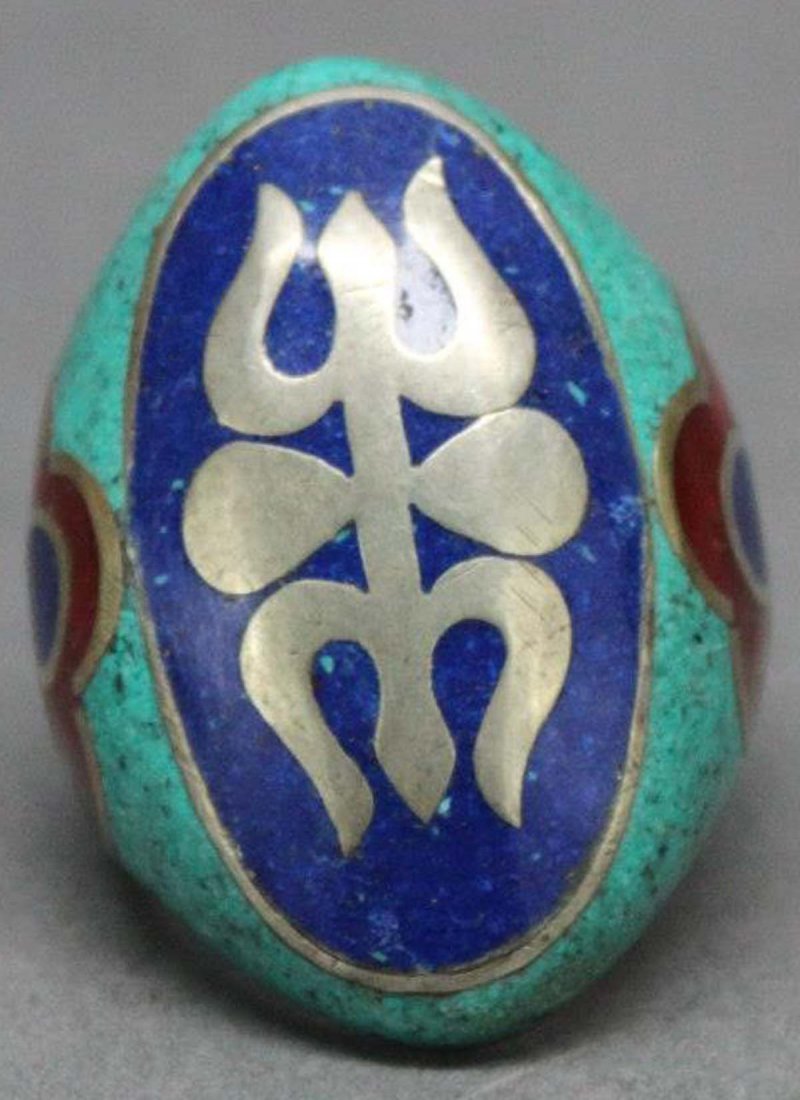 Tibetan Nepal Handcrafted Turquoise Silver Ring: Nepal Nickel silver with coral & turquoise & lapis inset, ring size 9