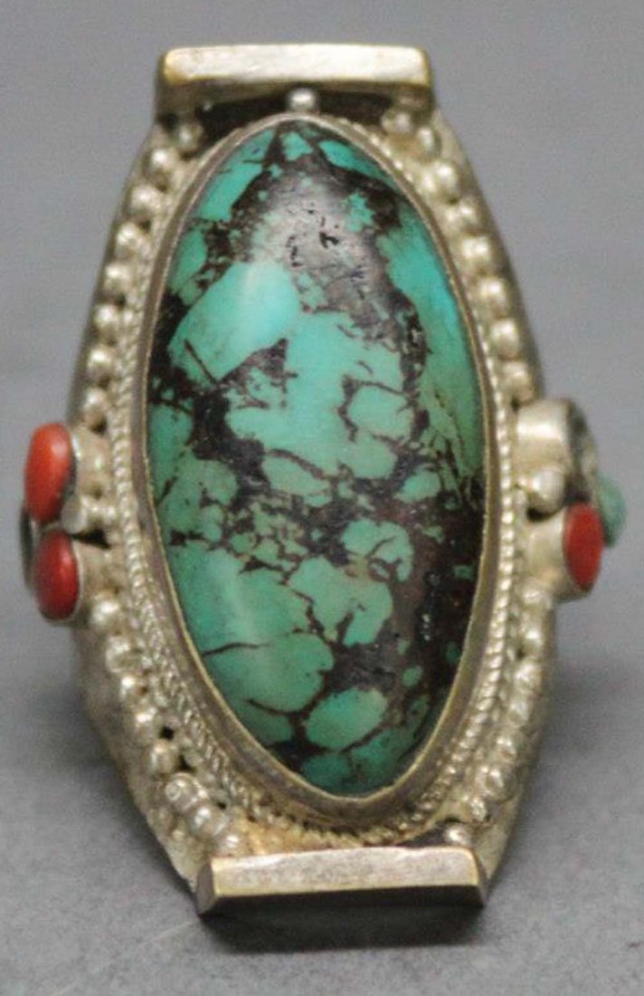 Tibetan Nepal Handcrafted Large Turquoise Cabachon Ring: Nepal Nickel silver, ring size 10