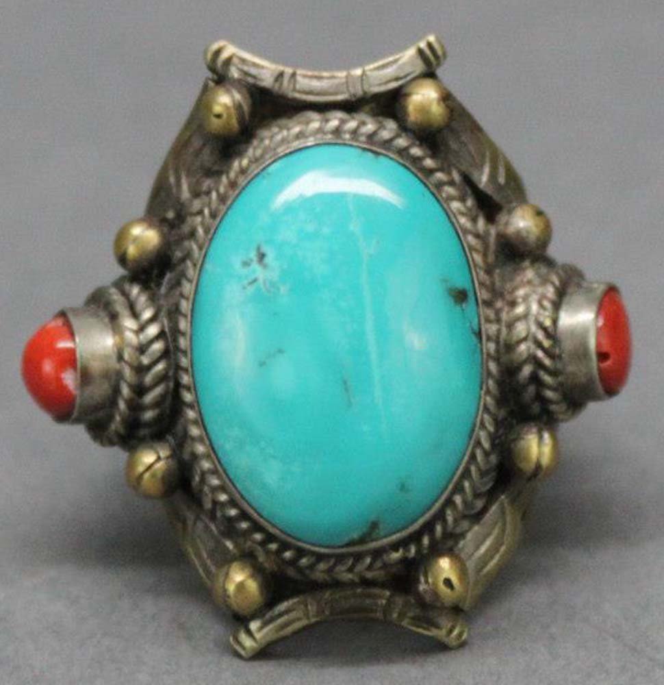 Tibetan Nepal Large Turquoise Cabachon Silver Ring: Nepal Nickel silver with coral nuggets, ring size 11