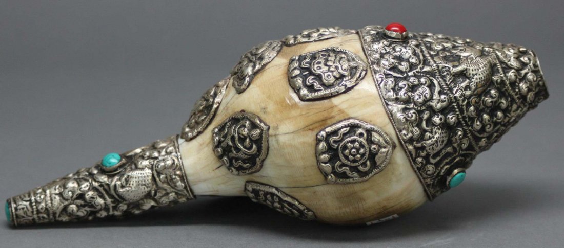 Nepalese Tibetan Silver Ceremonial Conch Shell Trumpet: With many silver reliefs of animals, Inlaid with turquoise & coral beads, 8"L, 1AF121