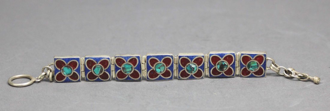 Nepal Silver Bracelet Inlaid w Lapis Coral & Turquoise: Length 8", AF140 K7W7
