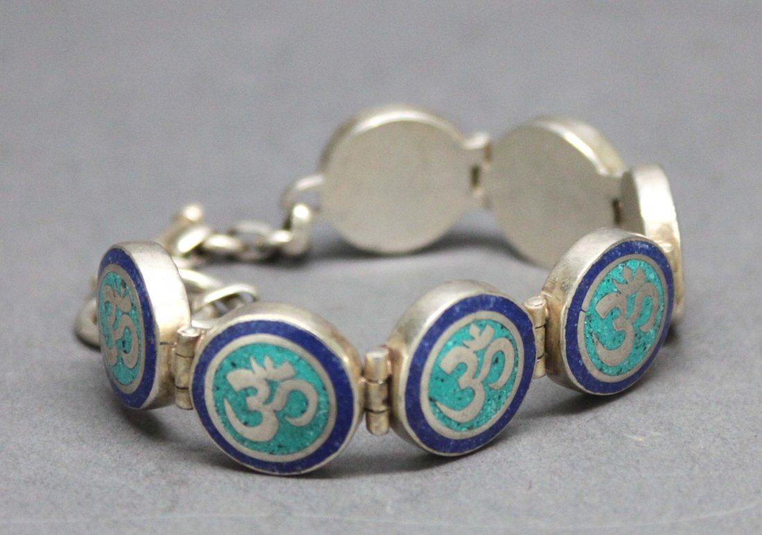 Nepal Silver Bracelet Inlaid w Lapis Turquoise: Decorated with Silver Hindu characters AF140 K7W6