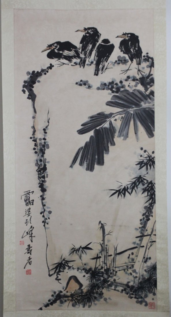 Chinese Pen & Ink Scroll Painting Four Crows: 51.25" by 24", JC291