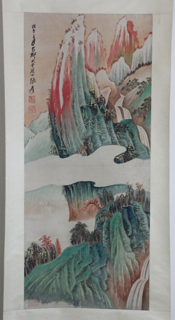 Chinese Pen & Ink Scroll Painting Snowy Mountains: 35.25" by 15.25", JC297