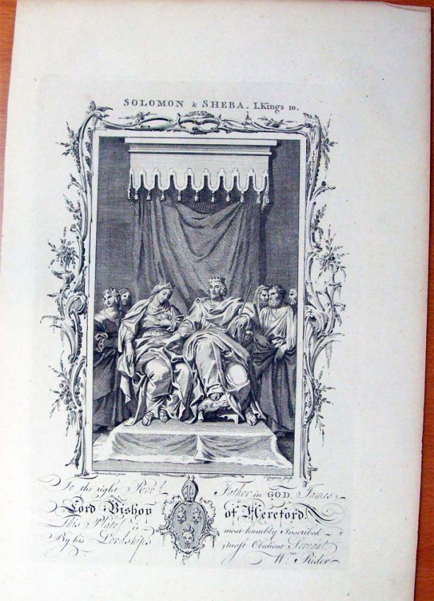 Solomon & Sheba 1763 Engraving after Domenichino: The two sitting enthroned, Solomon to right with one hand on the Queen's knee, Sheba to left, one hand at her breast, a canopy above and men and women to either side; after Domenichino (Spear 101.iv);