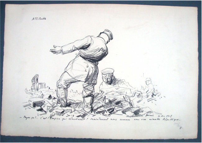 Jean-Louis Forain (French, 1836-1932) "Attitude" Signed: Signed and numbered & dated in pencil and in the plate by the artist (Dec 31 1918) (300/300) World war I drawing of soldiers among ruins, paper size 22" by 15" Unframed