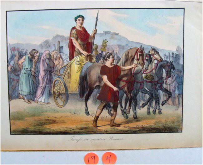1750 Color Engraving "Trionfo dei vincitore Romani": (Winner of the Roman Triumph) by Locasi, Dimensions: 11.75" by 8", 19-4