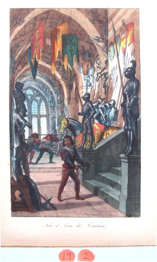"Sala d'armi dei cavalieri" 1750 Colored Engraving: (the armory of the Knights) Dimensions: 11.75" by 8",19-2