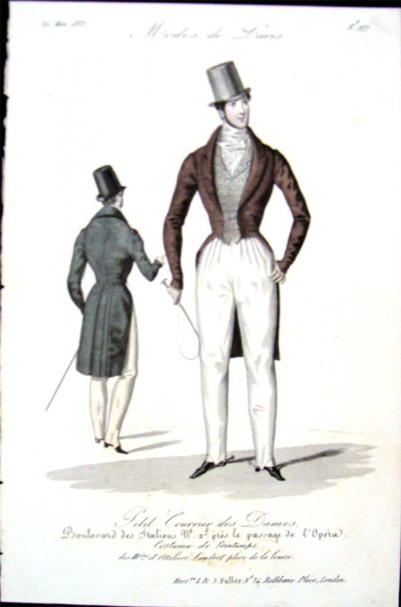 Handcolored Mens Fashion from "Modes De Paris" 1835: Hand Colored etching, Dimensions: 6" by 9.25" BK9W3