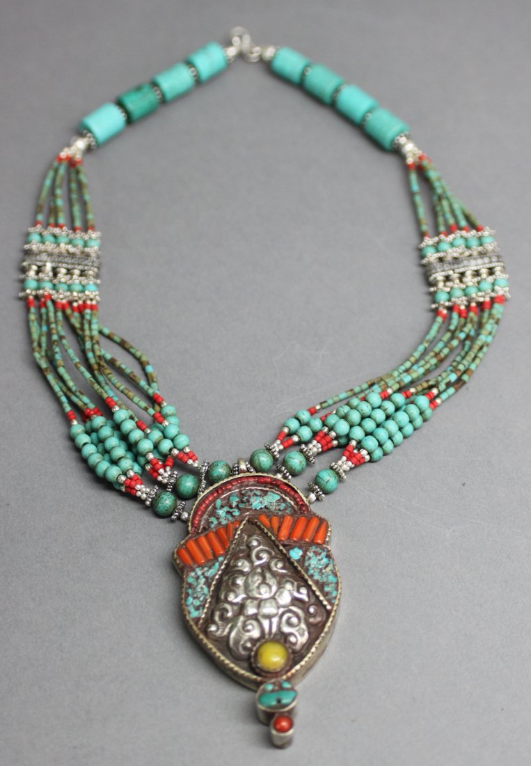 Ornate Nepal Tibet Silver Necklace Turquoise & Coral: 18" length, AF197, K2W26