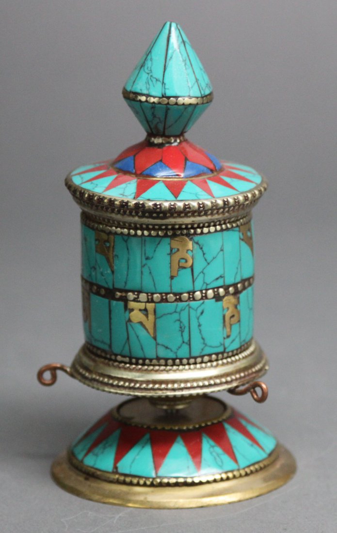 Nepal Tibetan Desk Prayer Wheel Turquoise & Carnelian: 4.75", AF204