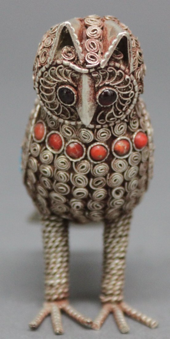 Nepal Handcraft Filigree w Beads Owl Snuff Bottle: 2.5" tall, AF173, K7W4
