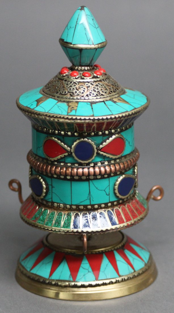 Nepal Desk Prayer Wheel Turquoise Lapis & Carnelian: 5.25"H, AF205