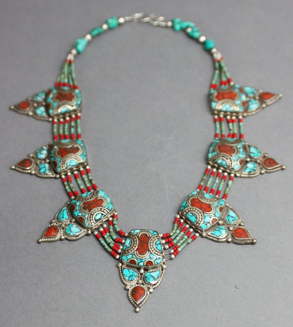 Ornate Nepal Tibet Silver Necklace Turquoise & Coral: 15" Length, AF199, K2W26