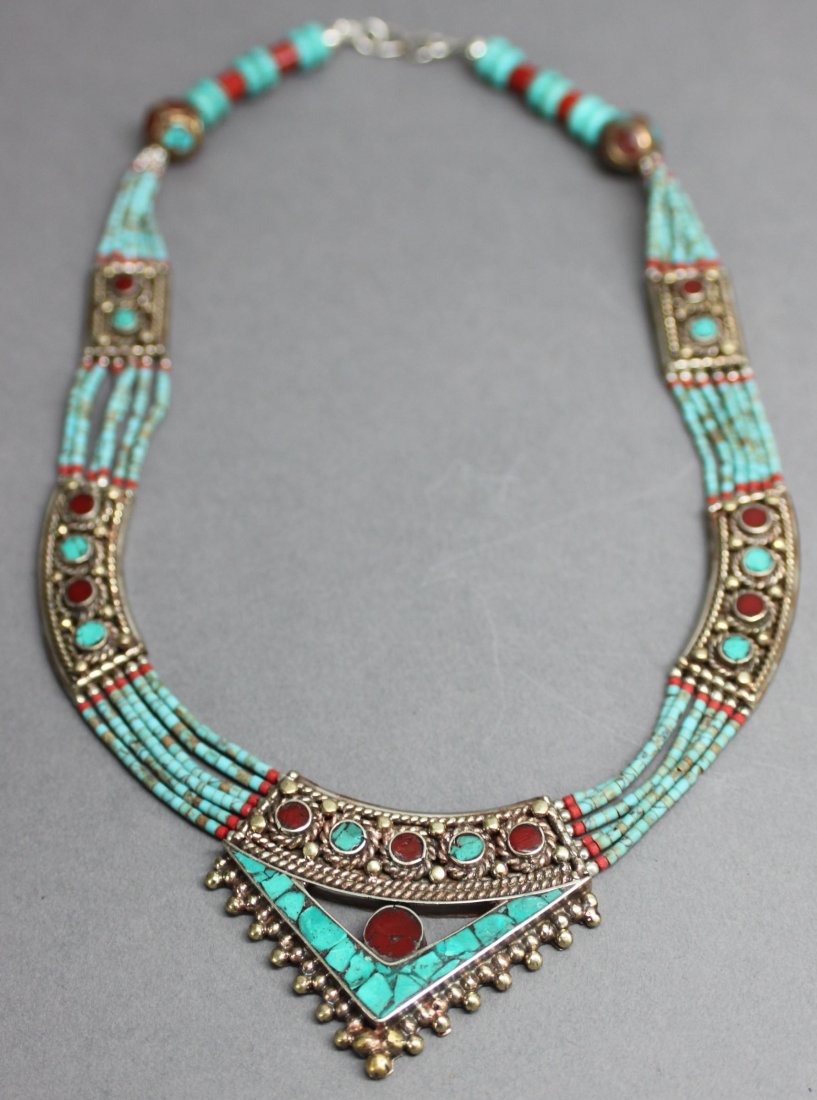 Ornate Nepal Tibet Silver Necklace Turquoise & Coral: 18.5" length, AF196, K2W26