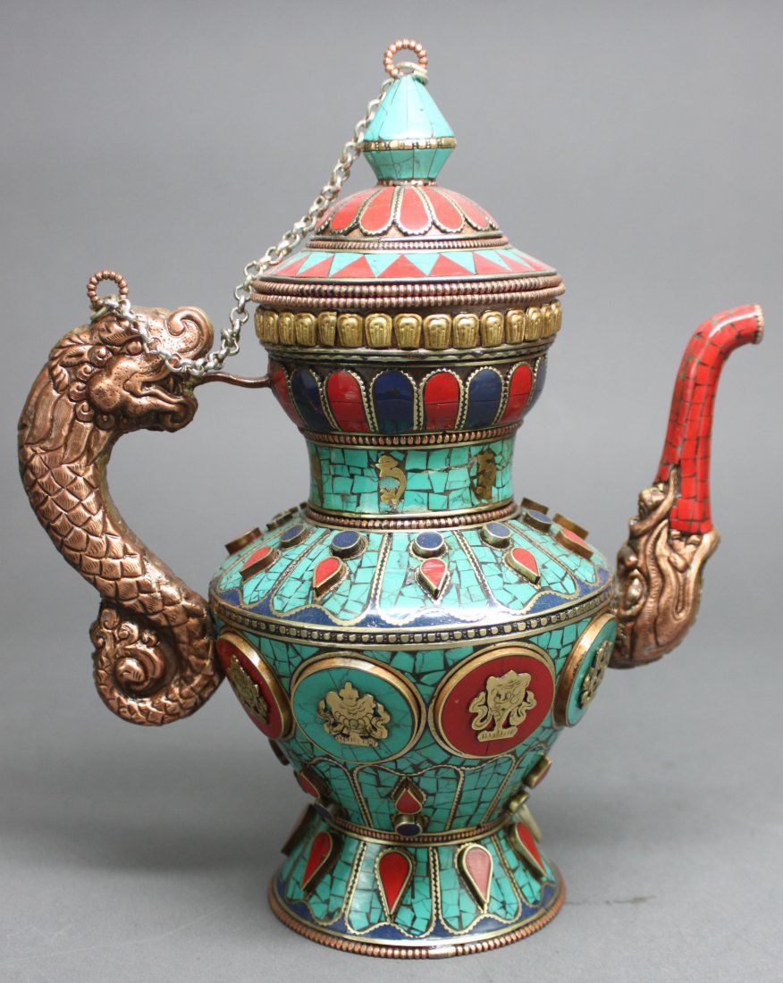 Nepal Ceremonial Teapot inlaid Turquoise Coral & Lapis: 9.75"H, AF208
