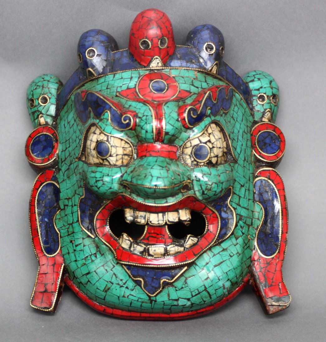 Nepal Bhairava Wood Wall Mask Inlaid Turquoise Coral & : Dimensions: 9"L, AF106, K2W86