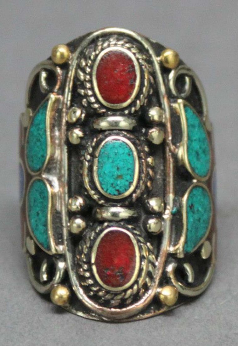 Tibetan Nepal Handcrafted Turquoise Silver Ring: Nepal Nickel silver with coral & turquoise & lapis inset, ring size 9