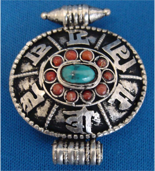 Nepal Turquoise & Coral Nickel Silver Gau Pendant: K3W6 dimensions: 1.25"