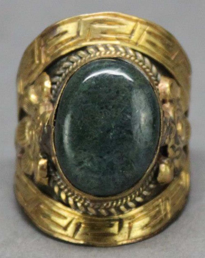 Tibetan Nepal Handcrafted Black Onyx Cabachon Ring: Nepal Nickel silver (gold plated) with Onyx cabachon inset, ring size 11