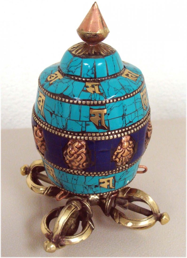 Nepal Buddhist Ceremonial Lapis & Turquoise Table Praye: Intricate handcraft with inlaid turquoise and lapis, set in nickel silver. A prayer wheel is a holy object containing the Tibetan mantra "Om! Mane Padme Hum!" ("Hail! Jewel in the Lotus!") written man