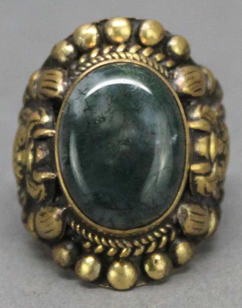 Tibetan Nepal Black Quartz Cabachon Silver Ring: Nepal Nickel silver (gold plated) with Quartz cabachon inset, ring size 9