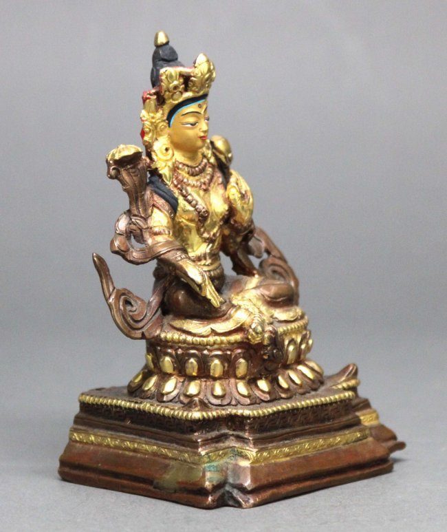Tibet Nepal Gilded Bronze Queen Tara Sculpture: Holding Cobras on each Arm AF127 K2W65, Dimensions: 5"H x 3.25"W