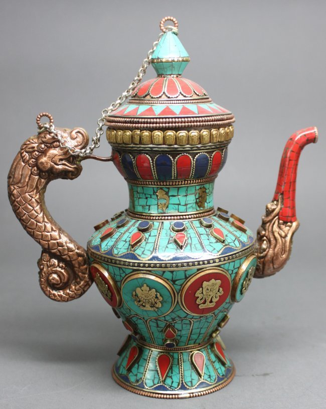 Nepal Ceremonial Medium Teapot Turquoise Lapis & Coral: Metal is copper, brass and silver, Dimensions 9.75" by 9" TAK6W28
