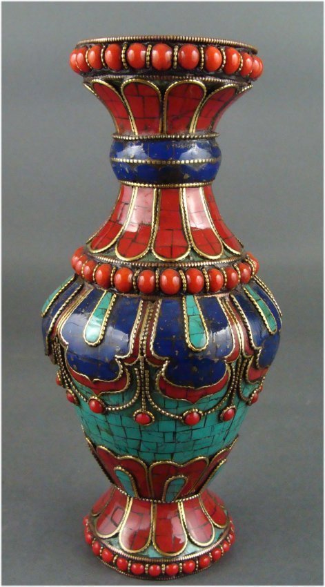 Tibetan Nepal Tall Ceremonial Vase Carnelian Lapis: Inlaid with Coral and Turquoise, beautiful handcraft. Dimensions 8.25" by 4" TAK6W01