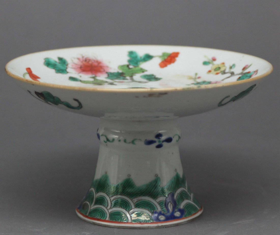 Chinese Porcelain Pedestal Bowl Goldfish & Flowers: Bats under the rim, 3 1/4"H x 5 3/4" Dia, TX157
