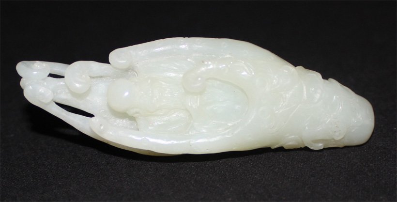 Chinese Qing Dynasty Carved Hetian white Jade: Antique chinese qing dynasty translucent figure, Shoulao in center of finger citron, two bats at base H 3-1/2 in., 19th C. Provenance: Private Collection H 3-1/2 in., JC34 K24W05