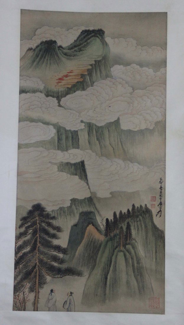 Chinese Pen & Ink Scroll Painting Mountains & Clouds: 34.25" by 17", JC306, K4W51