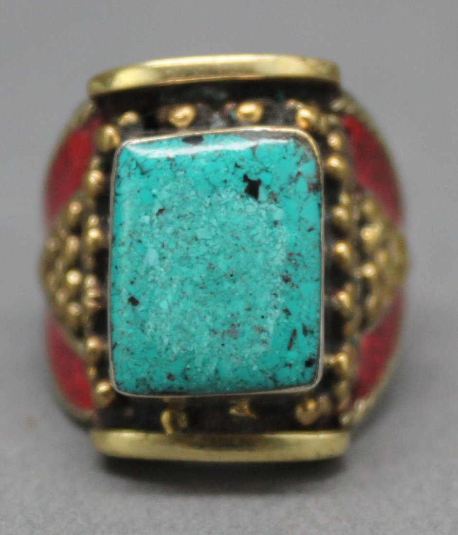 Tibetan Nepal Handcrafted Coral & Turquoise Silver Ring: Ring Size 10.5, AF176, K4W4