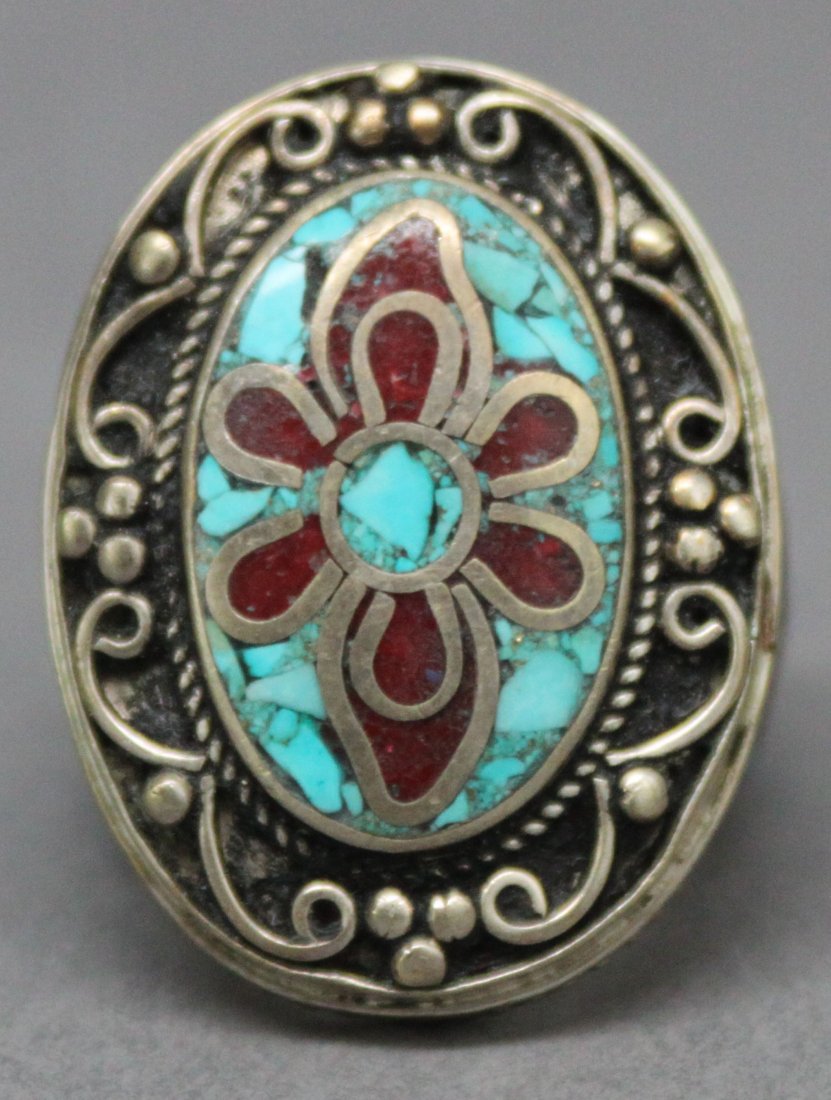 Tibetan Nepal Handcrafted Silver Ring Turquoise: Ring Size 8.5, AF182, K4W4