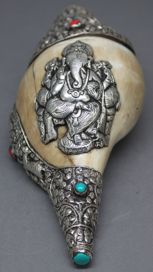 Nepalese Tibetan Silver Ceremonial Conch Shell Trumpet: 8"Length, AF153, K3W76