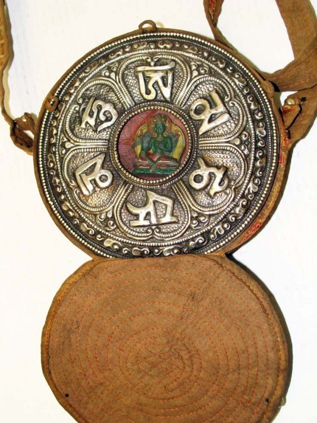 Large Ceremonial Nepal Silver Metal Container Handbag: With small statue of Vishna inserted, Metal Box Dimensions 7" diameter, strap 44". K2W39