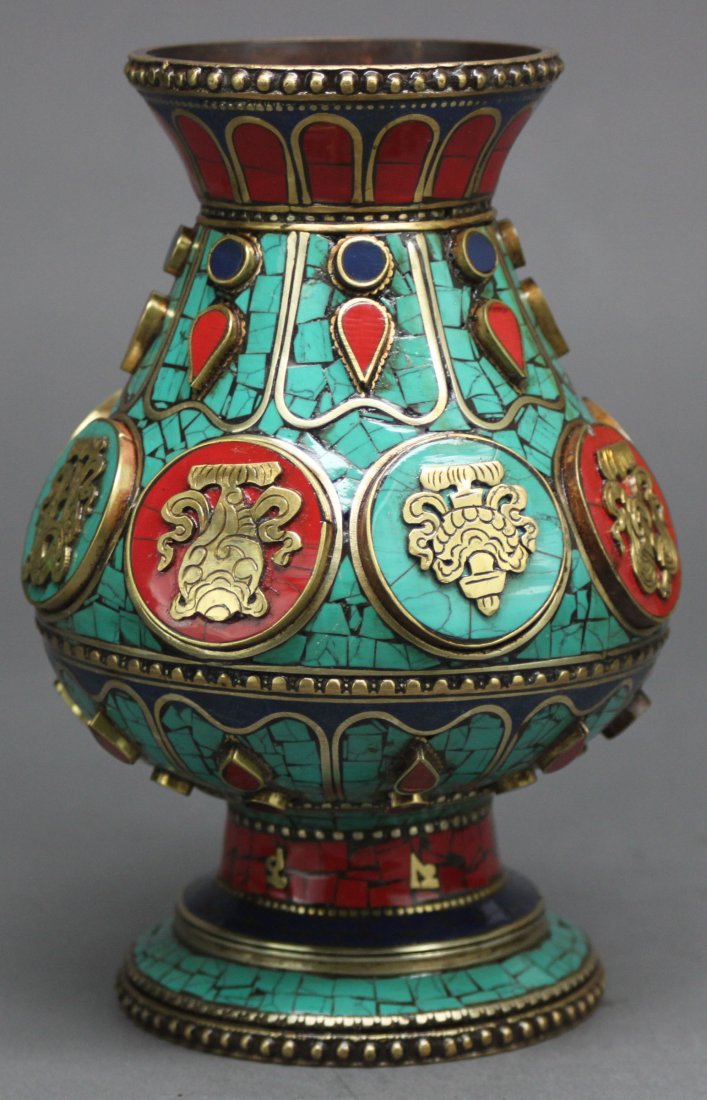 Nepal Ceremonial Vase inlaid Turquoise Coral & Lapis: 7"H, AF201