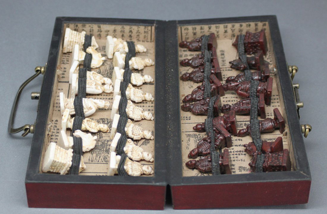 Chinese Carved Bone Chess Set with Box: Dimensions: 8.25" by 8", AF147