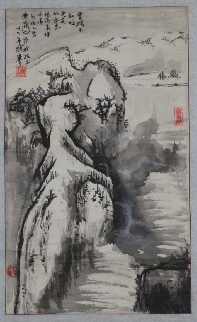 Chinese Pen & Ink Mountain Landscape Scroll Painting: 16" x 9.75", YOY113, K1W48