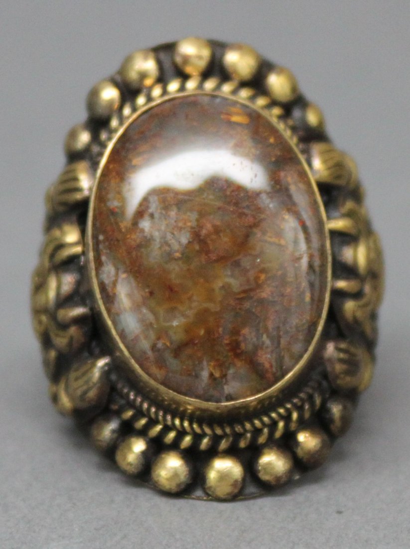 Tibetan Nepal Large Amber Cabachon Silver Ring: Ring Size 12, AF178, K4W4