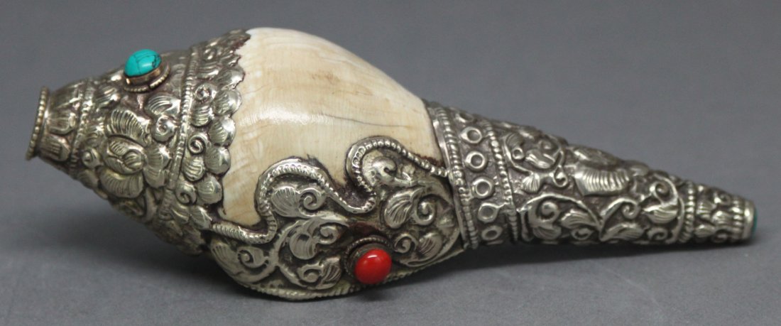 Nepalese Tibetan Silver Ceremonial Conch Shell Trumpet: 5.5" length, AF156, K7W7