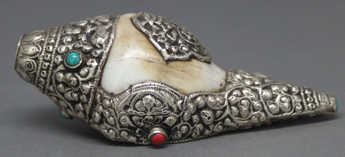 Nepalese Tibetan Silver Ceremonial Conch Shell Trumpet: 5" length, AF160, K1W79
