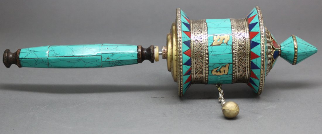 Nepal Ceremonial Hand Held Prayer Wheel Turquoise Mosai: 12.5"Length, AF202