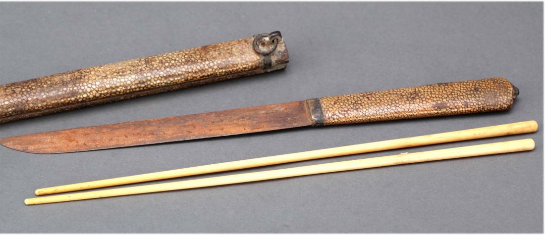 Antique Chinese -Mongolian knife set & Chopsticks: Including a sharkskin mounted scabbard, pair chopsticks, and a knife. Circa 18-19th C. dimensions: 12.25" long K055W