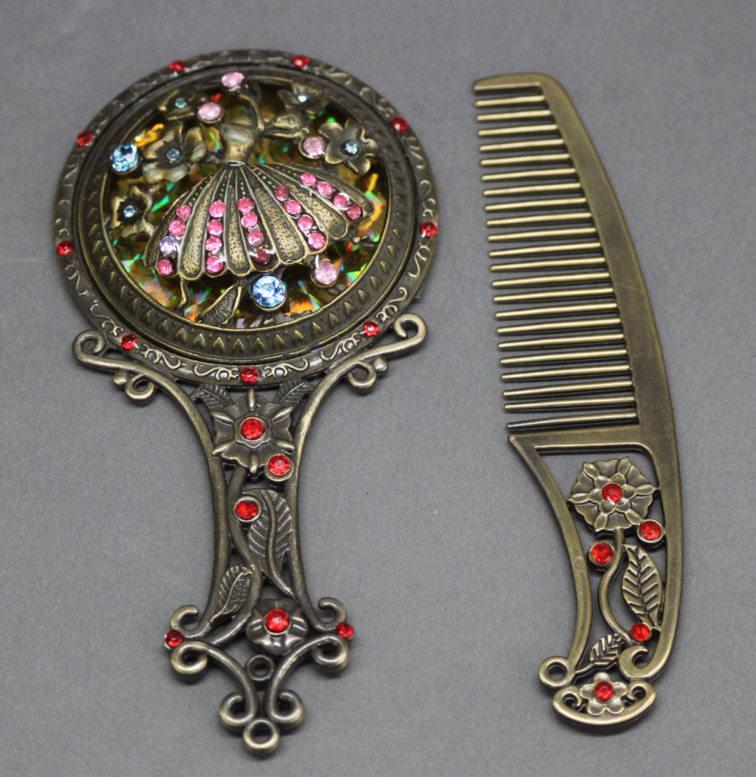 Chinese set of Comb and Mirror Inlaid Color Stones: Dimensions of Comb: 4.75"L, Mirror: 5"L, AF