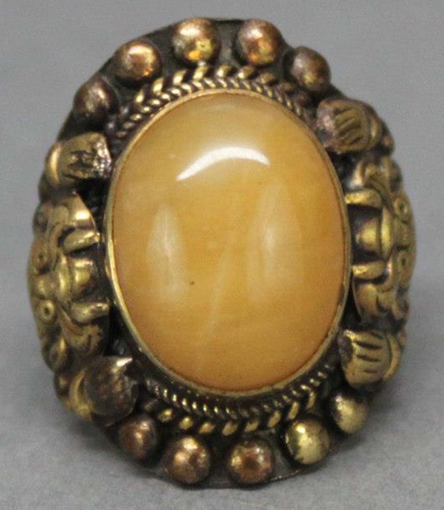 Tibetan Nepal Yellow Quartz Cabachon Silver Ring: Nepal Nickel silver (gold plated) with Quartz cabachon inset, ring size 10.5