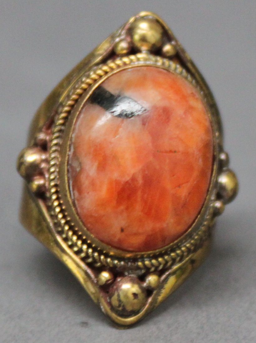Tibetan Nepal Handcrafted Coral Cabachon Ring: Ring Size 10, AF183, K4W4