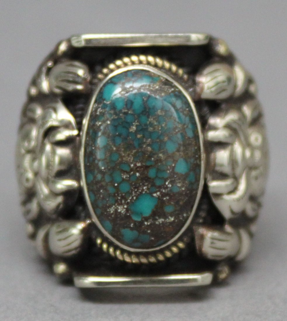 Tibetan Nepal Handcrafted Silver & Turquoise Ring: Ring Size 9.5, AF184, K4W4