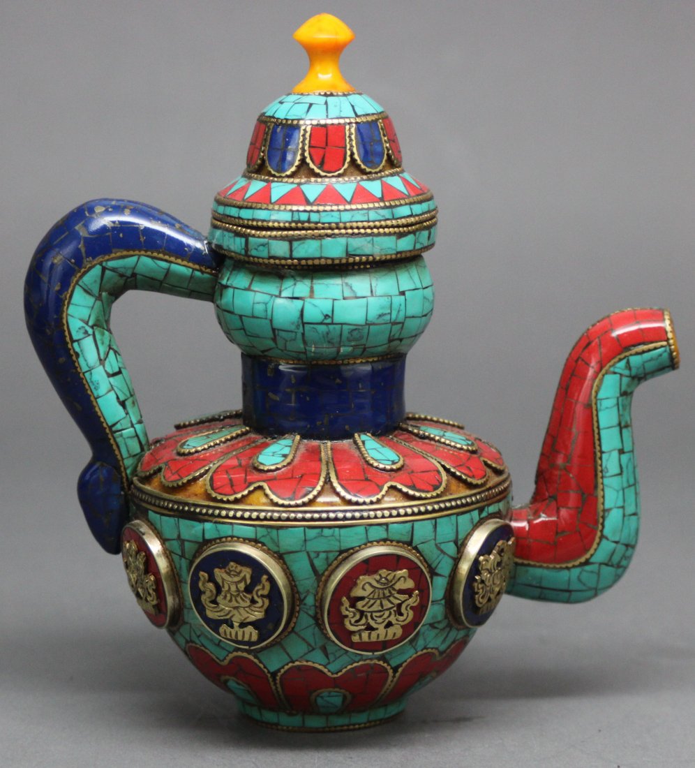 Nepal Ceremonial Teapot inlaid Turquoise Coral & Lapis: 6.5"H, AF200