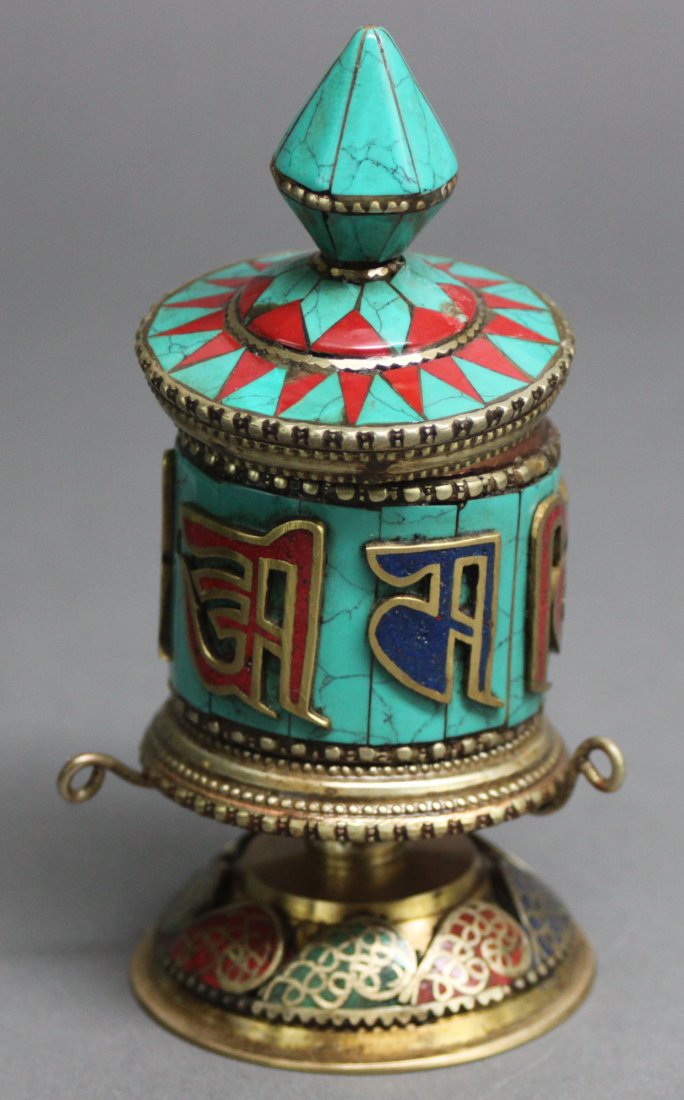 Nepal Desk Prayer Wheel Turquoise Lapis & Carnelian: 4.5" tall, AF207